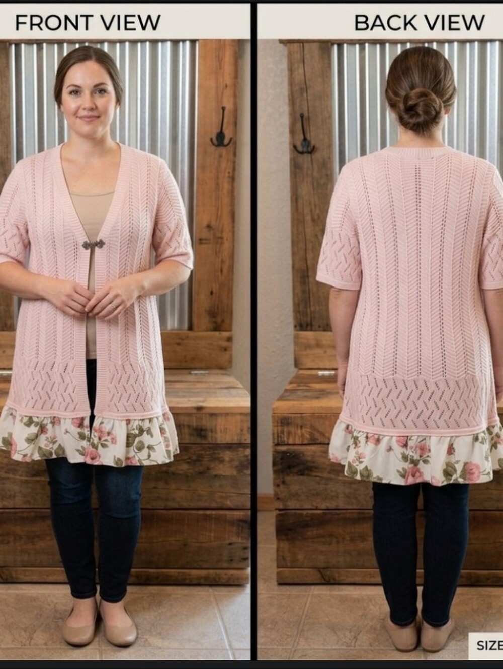 Upcycled Cardigan Duster XL-2X Blush Pink Floral Ruffle Dont Throw It Out